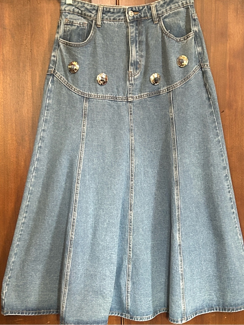 Blue Denim A-Line Skirt with Conchos L